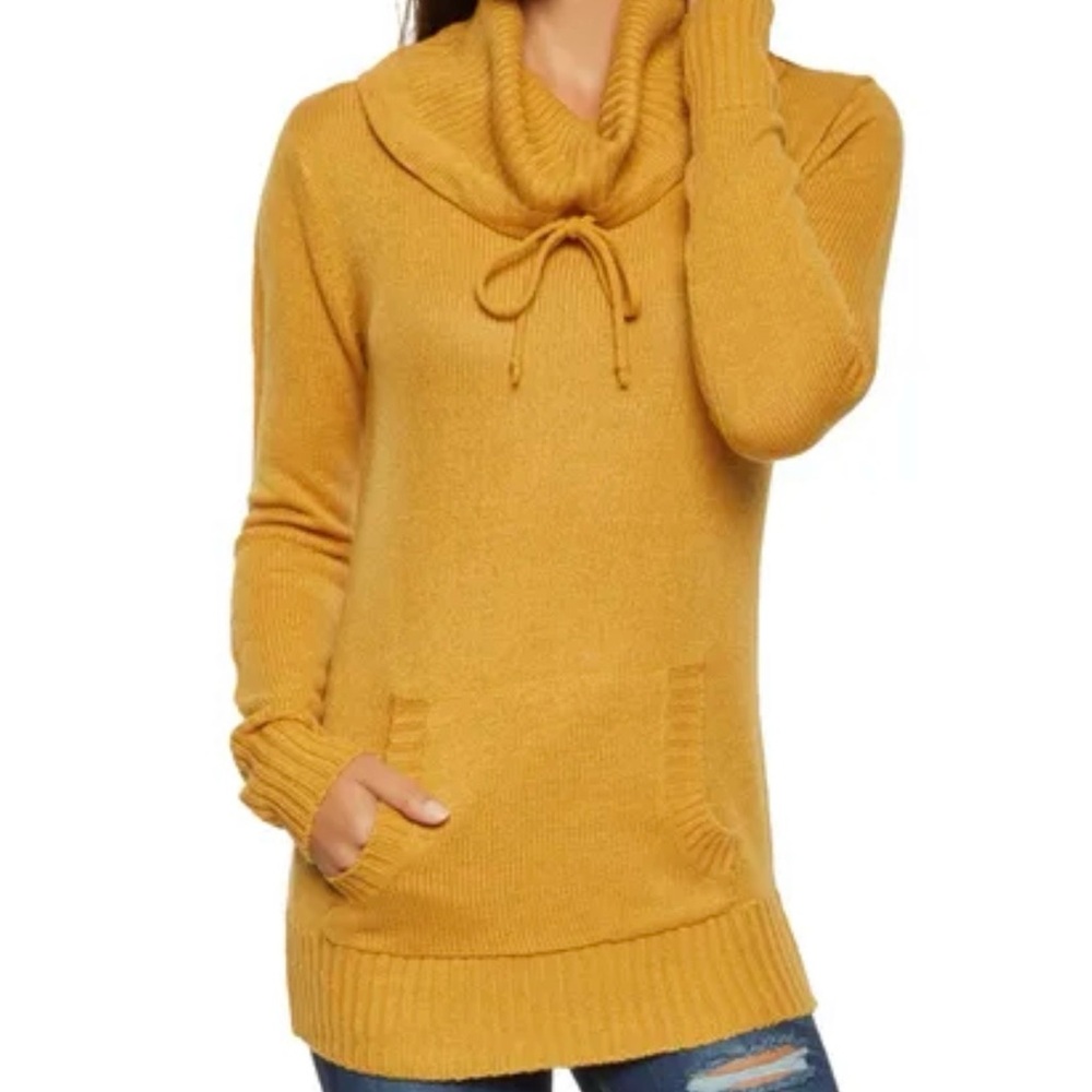 Mustard Yellow Cowl Neck Sweater with Drawstring
